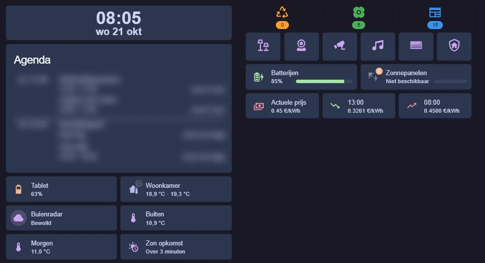 Het dashboard op de wandtablet: klok, agenda (afspraken onleesbaar gemaakt), temperaturen, afvalkalender, knoppen, thuisbatterij en stroomprijzen