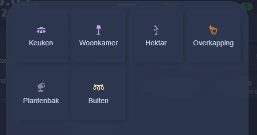 Pop-up met knoppen voor de lampen in de keuken, woonkamer, Hektar, overkapping, plantenbak en buiten