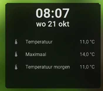 Het informatievak van de screensaver met de klok, de temperatuur nu, de maximumtemperatuur en de temperatuur van morgen